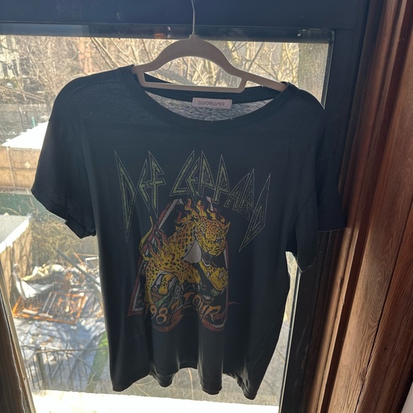 Daydreamer Tops - Def Leppard Graphic Band Tee - Black with Yellow Leopard by Dayreamer